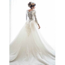 Mermaid Wedding Dresses with Trendy Overskirt Beads Lace Appliques Long Sleeves Bridal Gowns