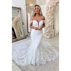 Off The Shoulder Mermaid Appliques Wedding Dresses Lace Backless Bridal Gowns