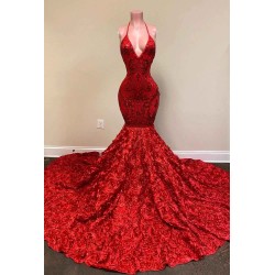 Burgundy Halter Mermaid V-neck Low back Flowers Prom Dresses