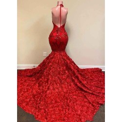 Burgundy Halter Mermaid V-neck Low back Flowers Prom Dresses