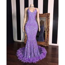 Spaghetti V-neck Sequins Floor Length Fur Train Mermaid Prom Dresses