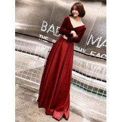 Charming Evening Dresses Long Sleeve V Neck Satin Velvet Floor Length Maxi Dresses